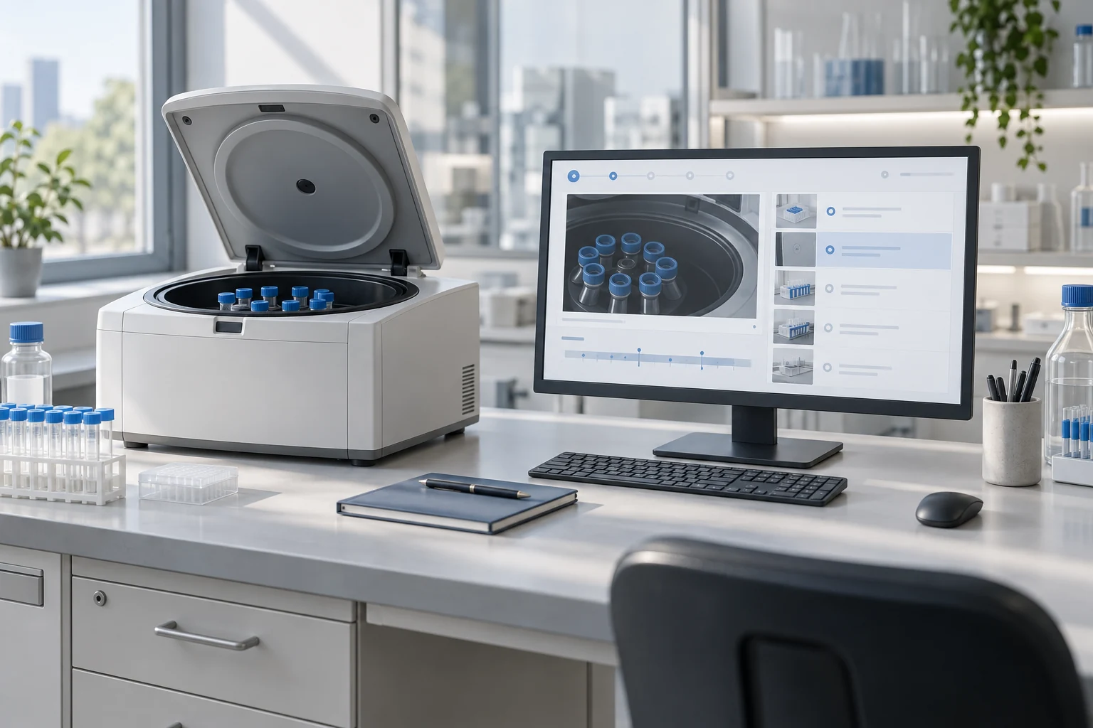 Illustrative laboratory equipment beside a procedure and incident-review workstation